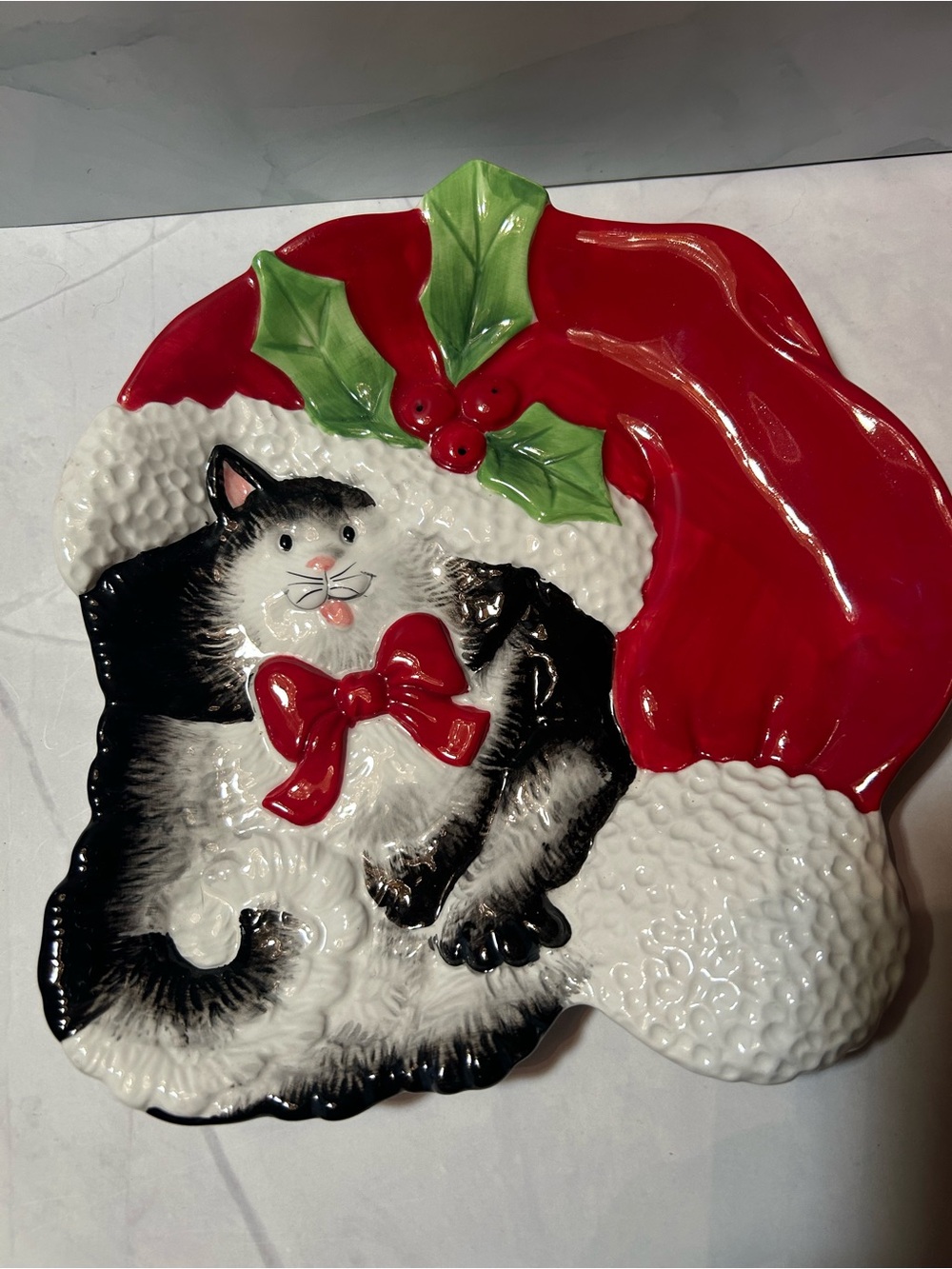Holiday Cat Ceramic Serving Plate - Black & White with Red Accents